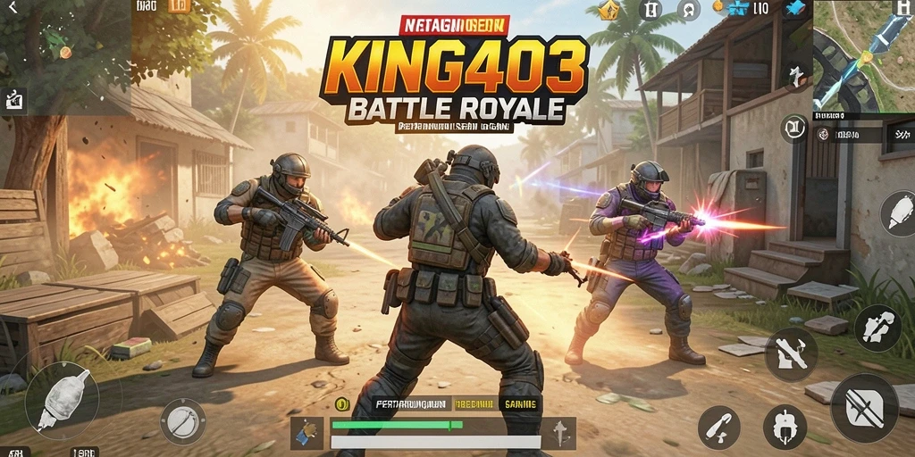 Gameplay KING403 yang menegangkan saat bertarung di peta Battle Royale.