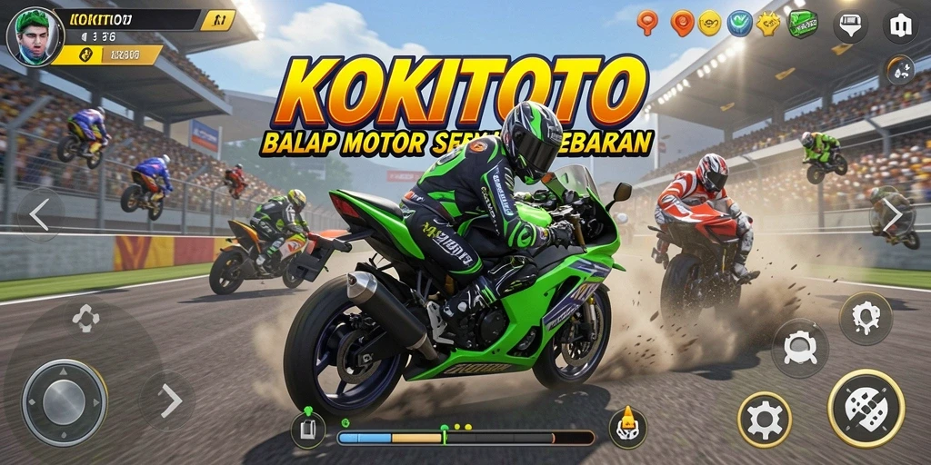 Tampilan gameplay epik di <strong>KOKITOTO</strong> saat balapan motor di lintasan menantang.