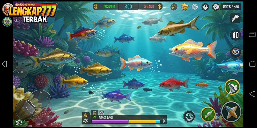 Screenshot menunjukkan gameplay seru LENGKAP777 saat menembak ikan.