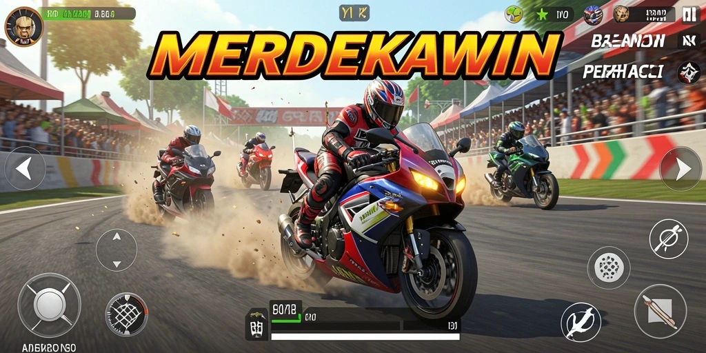 Screenshot utama MERDEKAWIN menampilkan aksi balapan motor yang seru.