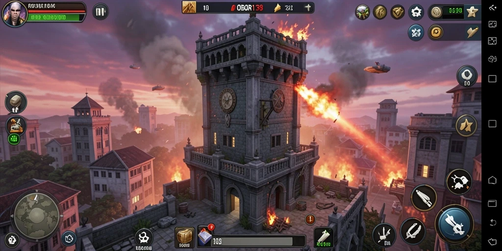 Screenshot gameplay OBOR138 yang menunjukkan aksi Tower Defense yang intens.