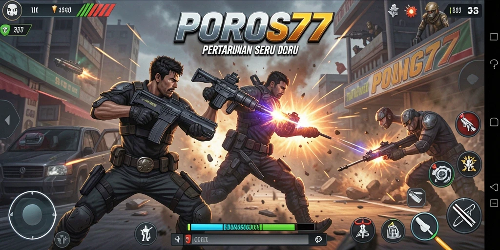 Tampilan gameplay seru POROS77 dengan pertempuran mendebarkan.