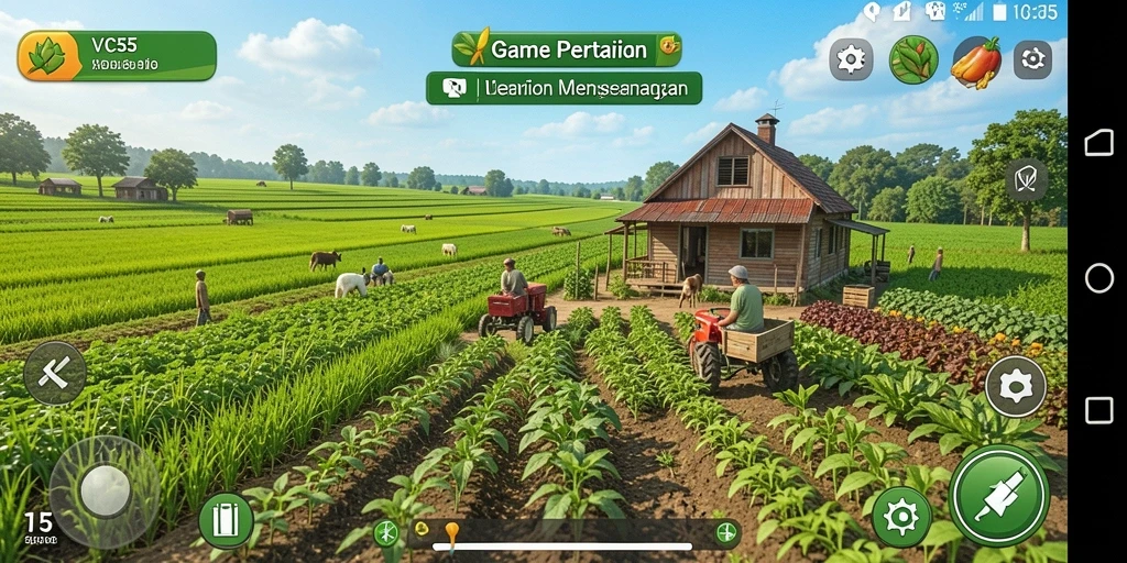 Screenshot gameplay VC55 menunjukkan aktivitas pertanian yang mendebarkan.