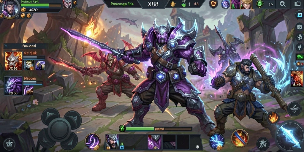 Screenshot gameplay X88 menunjukkan pertempuran seru di arena MOBA.